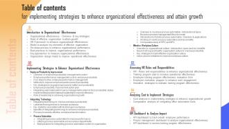 Table Of Contents For Implementing Strategies To Enhance Organizational Effectiveness And Attain Growth