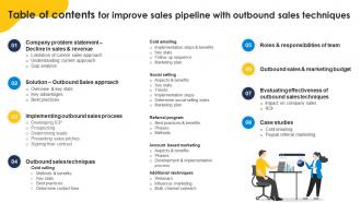 Table Of Contents For Improve Sales Pipeline With Outbound Sales Techniques SA SS