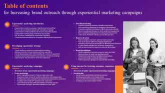 Table Of Contents For Increasing Brand Outreach Through Experiential Marketing Campaigns MKT SS V
