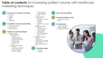 Table Of Contents For Increasing Patient Volume With Healthcare Marketing Techniques Strategy SS V