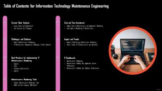 Table Of Contents For Information Technology Maintenance Engineering Ppt Slides Vector