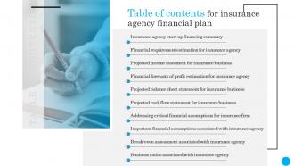 Table Of Contents For Insurance Agency Financial Plan