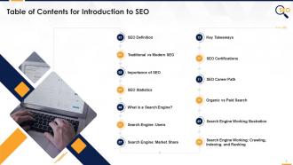 Table of contents for introduction to seo edu ppt