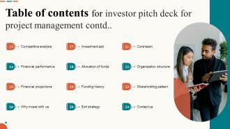 Table Of Contents For Investor Pitch Deck For Project Management Informative Images