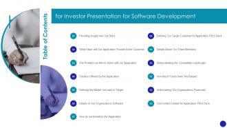 Table Of Contents For Investor Presentation For Software Development