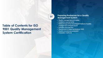 Table Of Contents For ISO 9001 Quality Management System Certification Ppt Formats