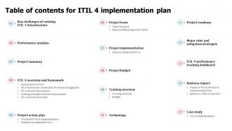 Table Of Contents For ITIL 4 Implementation Plan