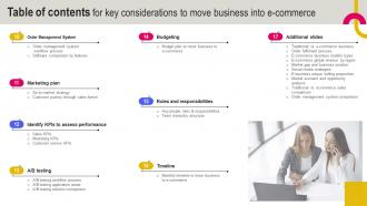 Table Of Contents For Key Considerations To Move Business Into E Commerce Strategy SS V Customizable Designed