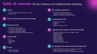 Table Of Contents For Key Features Of Reinforcement Learning
