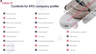 Table Of Contents For Kpo Company Profile Ppt Styles Graphics Template