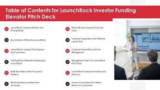 Table Of Contents For Launchrock Investor Funding Elevator Pitch Deck