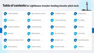 Table Of Contents For Lighthouse Investor Funding Elevator Pitch Deck