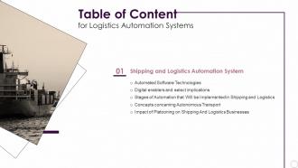 Table Of Contents For Logistics Automation Systems Logistics Automation Systems
