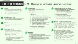 Table Of Contents For M Banking For Enhancing Customer Experience Fin SS V