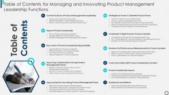 Table Of Contents For Managing And Innovating Product Management Leadership Functions