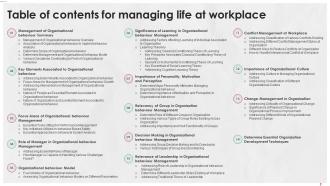 Table Of Contents For Managing Life At Workplace Ppt Ideas Background Designs