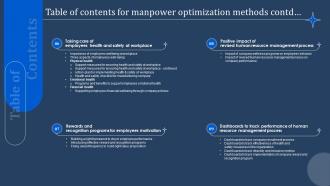 Table Of Contents For Manpower Optimization Methods Ppt Mockup Pre-designed