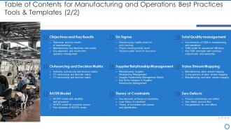 Table of contents for manufacturing and operations best practices tools and templates