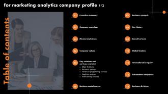 Table Of Contents For Marketing Analytics Company Profile CP SS V