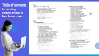 Table Of Contents For Marketing Campaign Strategy To Boost Business Sales