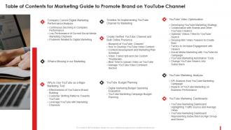 Table Of Contents For Marketing Guide To Promote Brand On Youtube Channel