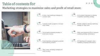Table Of Contents For Marketing Strategies To Maximize Sales And Profit Of Retail Store