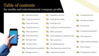 Table Of Contents For Media And Entertainment Company Profile CP SS V
