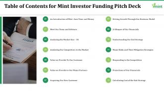 Table of contents for mint investor funding pitch deck ppt formats