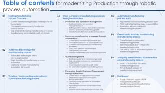 Table Of Contents For Modernizing Production Through Robotic Process Automation