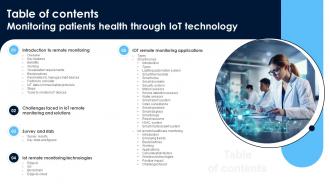 Table Of Contents For Monitoring Patients Health Through IoT Technology IoT SS V
