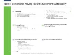Table of contents for moving toward environment sustainability ppt powerpoint presentation icon