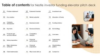 Table Of Contents For Nestle Investor Funding Elevator Pitch Deck