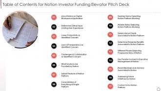 Table of contents for notion investor funding elevator pitch deck