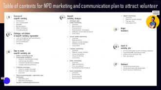 Table Of Contents For NPO Marketing And Communication Plan To Attract Volunteer MKT SS V