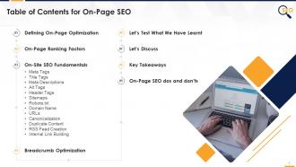 Table of contents for on page seo training edu ppt