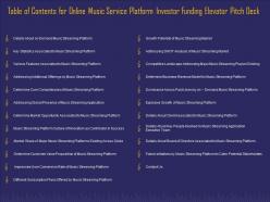 Table of contents for online music service platform investor funding elevator pitch deck