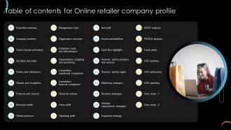 Table Of Contents For Online Retailer Company Profile CP SS V