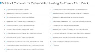 Table of contents for online video hosting platform pitch deck
