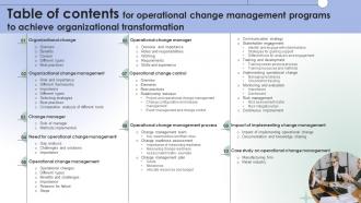 Table Of Contents For Operational Change Management Programs To Achieve Organizational Transformation
