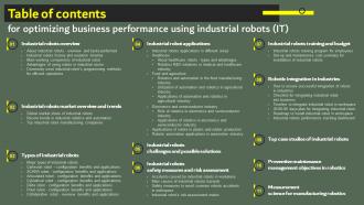 Table Of Contents For Optimizing Business Performance Using Industrial Robots IT