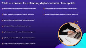 Table Of Contents For Optimizing Digital Consumer Touchpoints Ppt Powerpoint Presentation Slide