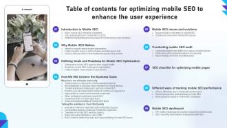 Table Of Contents For Optimizing Mobile SEO To Enhance The User Experience Ppt Sample