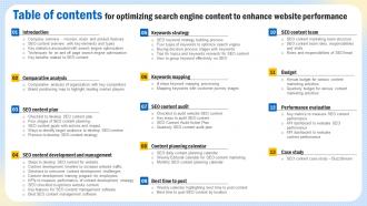 Table Of Contents For Optimizing Search Engine Content To Enhance Website Strategy SS V