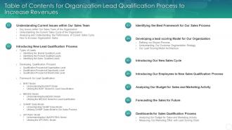 Table Of Contents For Organization Lead Qualification Process To Increase Revenues