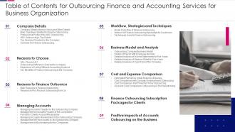 Table of contents for outsourcing finance and accounting services for business organization