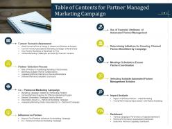 Table of contents for partner managed marketing campaign ppt powerpoint presentation model