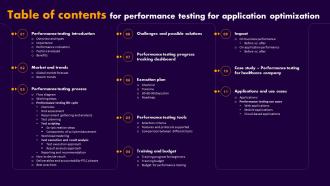 Table Of Contents For Performance Testing For Application Optimization