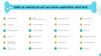 Table Of Contents For Pet Care Service Application Pitch Deck