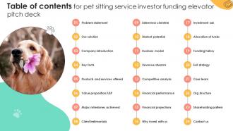 Table Of Contents For Pet Sitting Service Investor Funding Elevator Pitch Deck