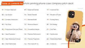Table Of Contents For Photo Printing Phone Case Company Pitch Deck